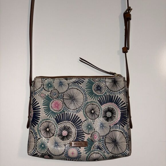 Fossil Faux Leather Blue Starburst Pattern Crossbody Bag Purse Medium Zip Top - Picture 5 of 16